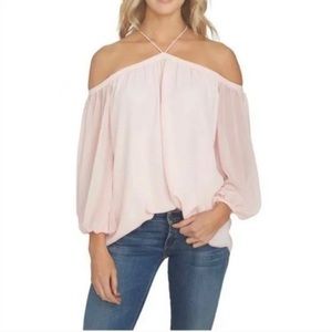 1 State Pastel Pink Blouse Size Medium Off The Shoulder Halter Chiffon Shirt